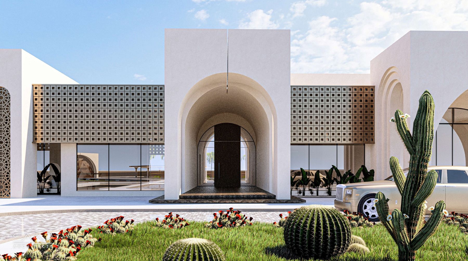 Arched entrance and carved screens of the Morocco Mansion
